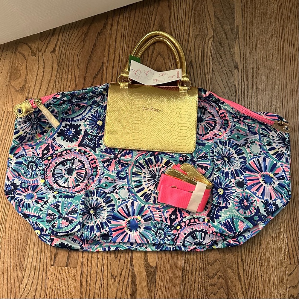 NWT! Lilly Pulitzer Gold Handle Blue Pink Patterned Travel Tote